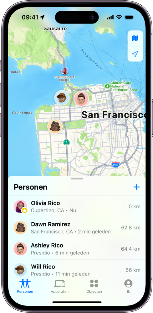 Het Zoek mijn-scherm, met de lijst 'Personen' en hun locatie op een kaart.