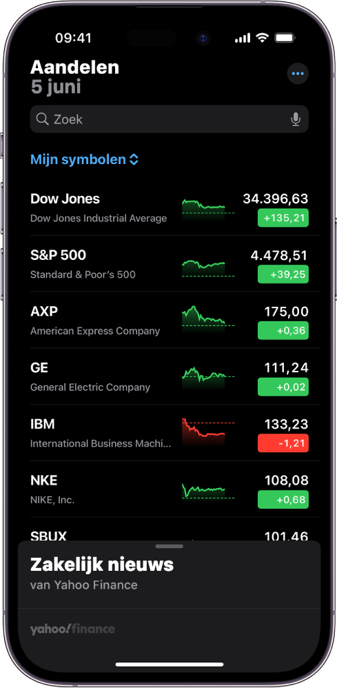 Een volglijst in de Aandelen-app met verschillende aandelen. Voor elk aandeel in de lijst zie je van links naar rechts: het aandelensymbool en de naam, een ontwikkelingsgrafiek, de koers en de koerswijziging. Boven in het scherm zie je boven de volglijst 'Mijn symbolen' een zoekveld. Onder in het scherm zie je 'Zakelijk nieuws'. Veeg omhoog over 'Zakelijk nieuws' om artikelen weer te geven.