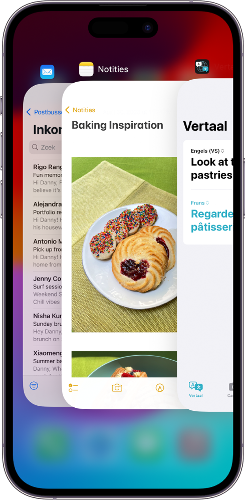 De appkiezer. Symbolen voor de geopende apps verschijnen bovenin en het huidige scherm van elke geopende app verschijnt onder het appsymbool.