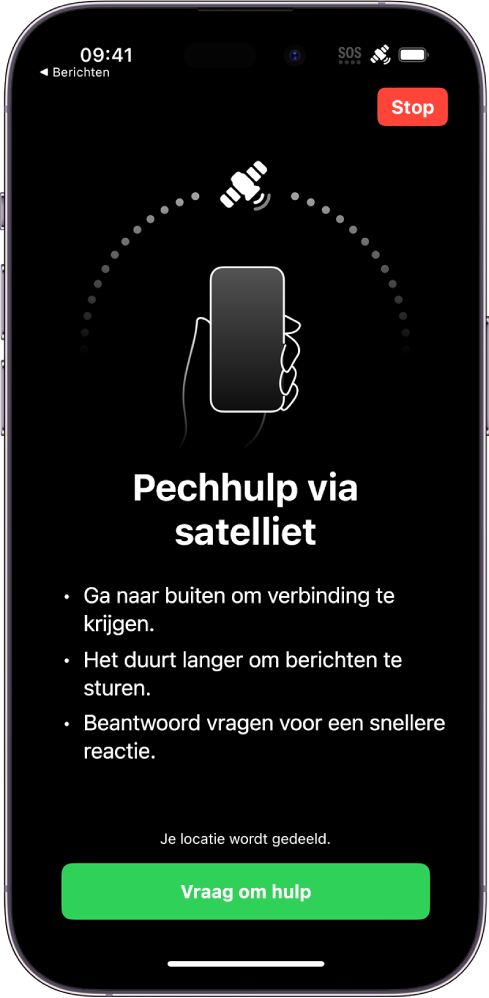 Het scherm van 'Pechhulp via satelliet'. De knop 'Vraag om hulp' staat onder in het scherm.