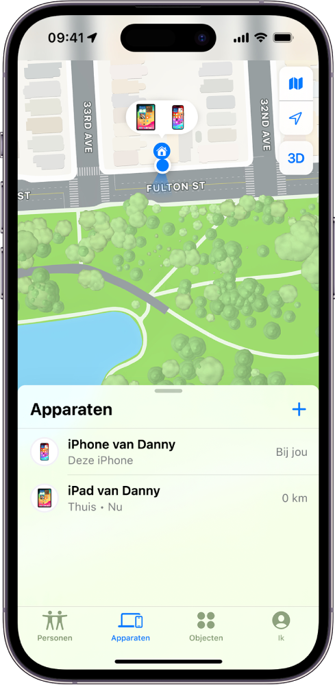 Het scherm 'Zoek mijn' met twee apparaten thuis.