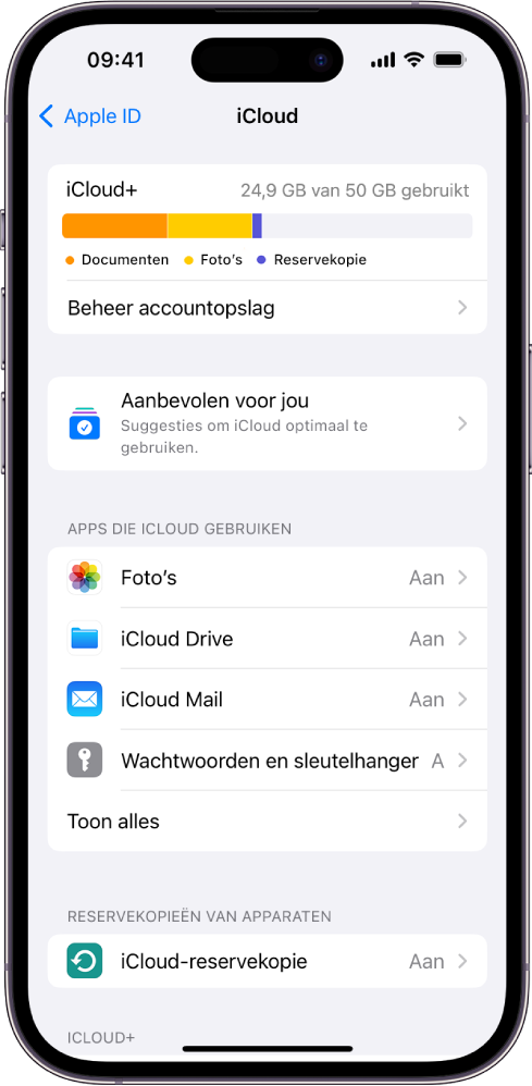 Het scherm met iCloud-instellingen, met de iCloud-opslagmeter en een lijst met voorzieningen, zoals Foto's, iCloud Drive en iCloud-reservekopie, die met iCloud kunnen worden gebruikt.