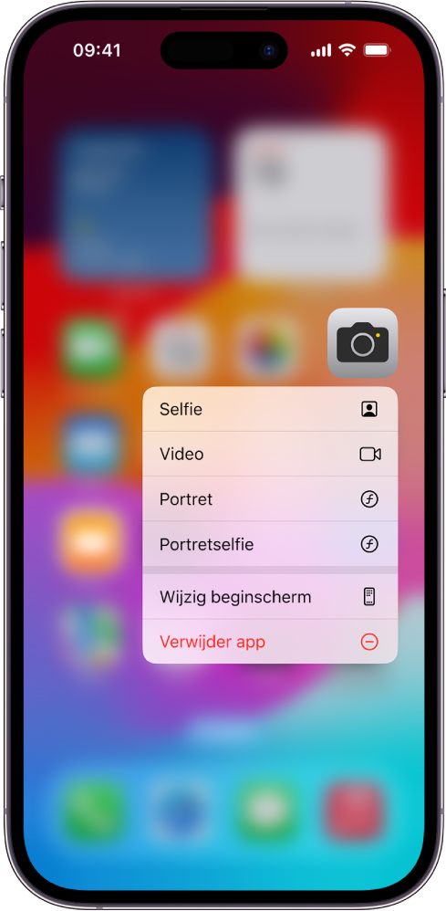 Een wazig beginscherm met de snelmenutaken voor Camera onder het symbool van de Camera-app.