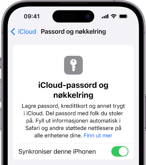 Passord og nøkkelring-skjermen i iCloud, med en innstilling for å synkronisere denne iPhonen.