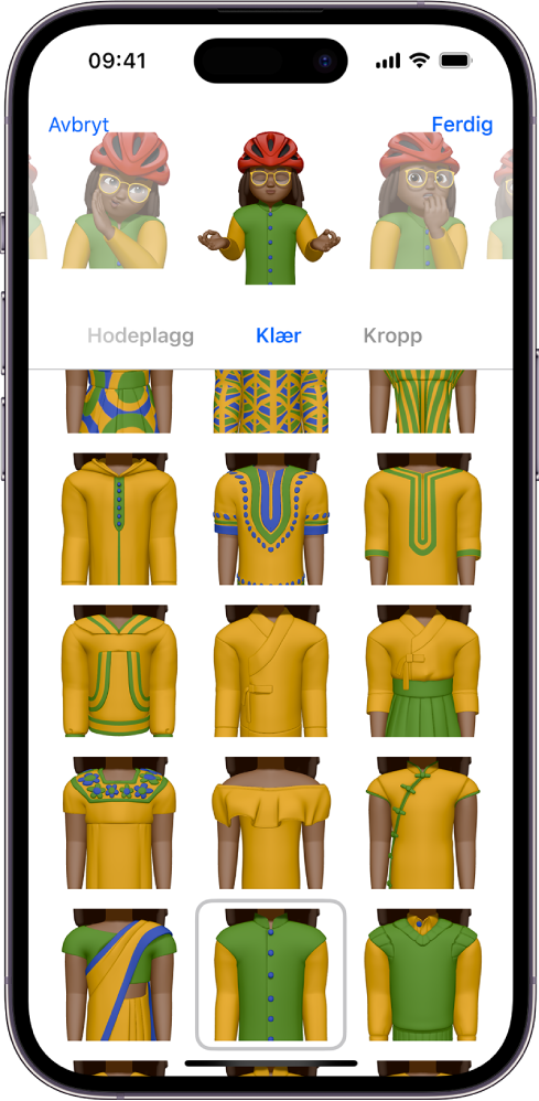 På midten av Memoji-skjermen vises figuren som opprettes, og nedenfor vises karaktertrekkene som kan tilpasses. Valgene for det angitte karaktertrekket vises nederst. Ferdig-knappen er øverst til høyre, og Avbryt-knappen er øverst til venstre.