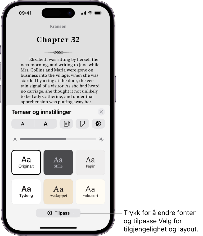 En bokside i Bøker-appen Temaer og innstillinger-valg viser kontroller for fontstørrelse, rullevisning, stil for å bla om, lysstyrke og fontstiler.