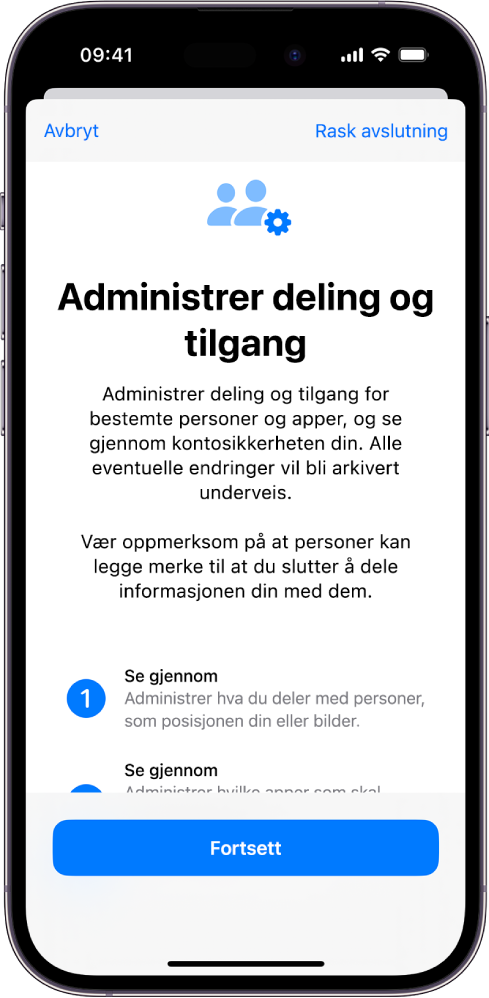 Administrer deling og tilgang-skjermen i Trygghetssjekk i Innstillinger.