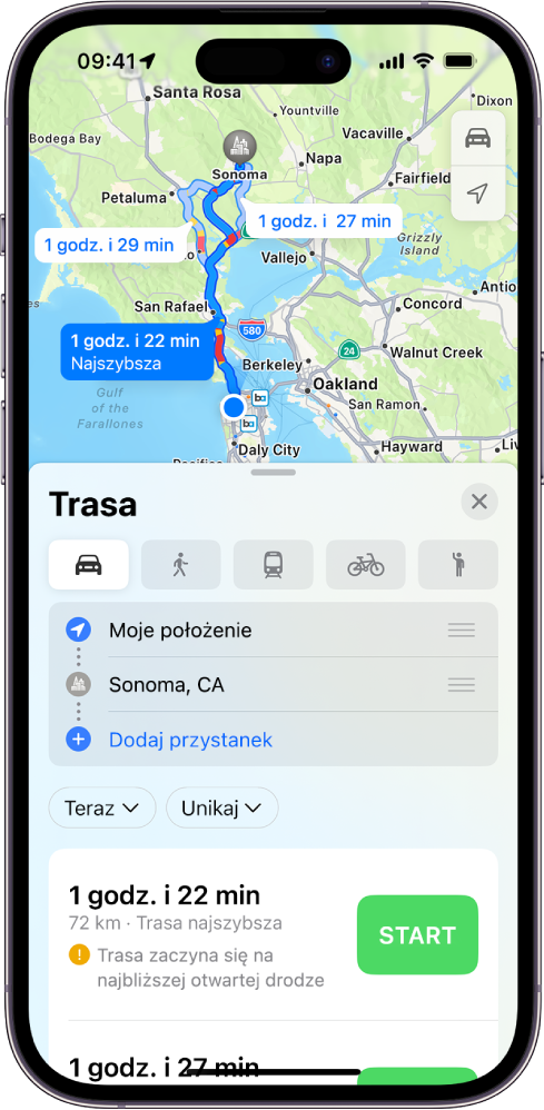 iPhone z mapą przedstawiającą trasy. Każda trasa zawiera odległość, szacowany czas przejazdu oraz przycisk Start. Warunki drogowe są oznaczone kolorami na każdej trasie.