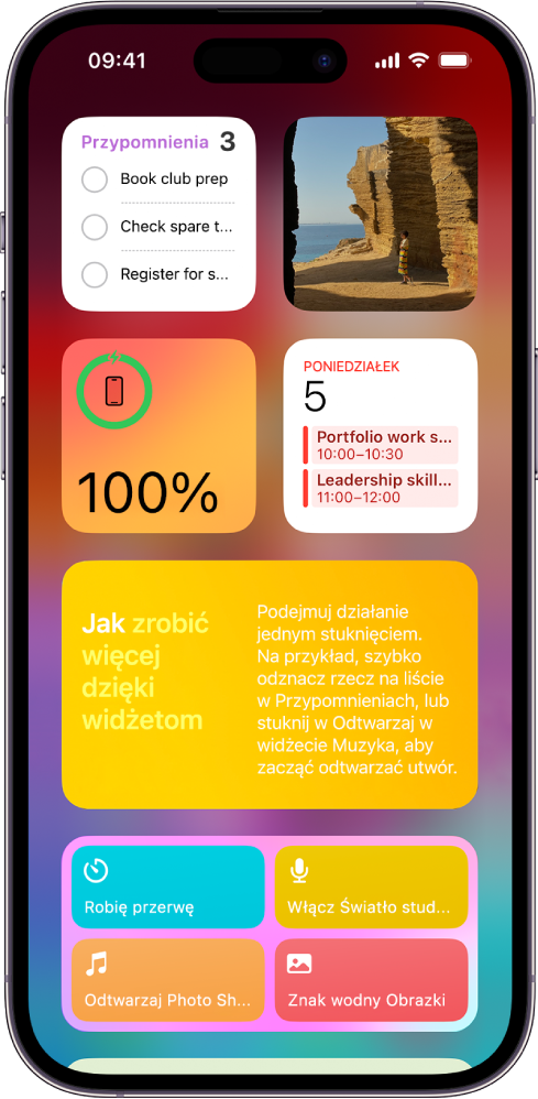 Widżety w widoku Dzisiaj, w tym Przypomnienia, Zdjęcia, Bateria, Kalendarz, Porady i inne.