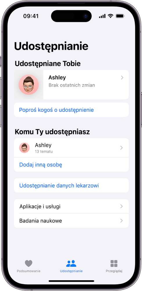 Ekran Udostępnianie w aplikacji Zdrowie.