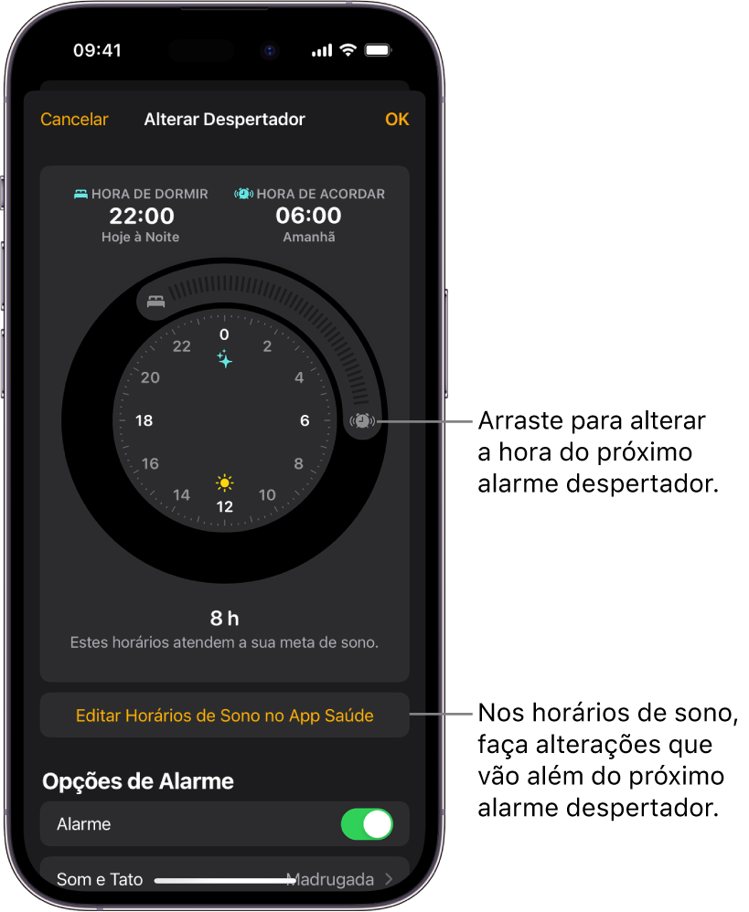 Uma tela para alterar o alarme despertador do dia seguinte, com botões de arrastar para alterar a hora de dormir e a hora de acordar, um botão para alterar os horários de sono no app Saúde e um botão para ativar ou desativar o alarme Despertador.