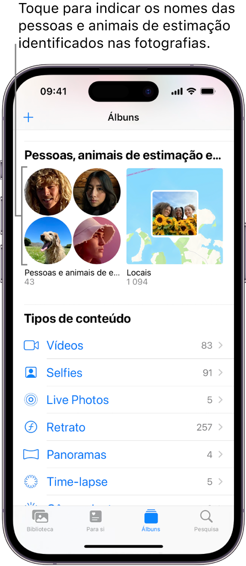 O ecrã Álbuns na aplicação Fotografias. Pessoas e animais encontra-se na parte superior do ecrã.