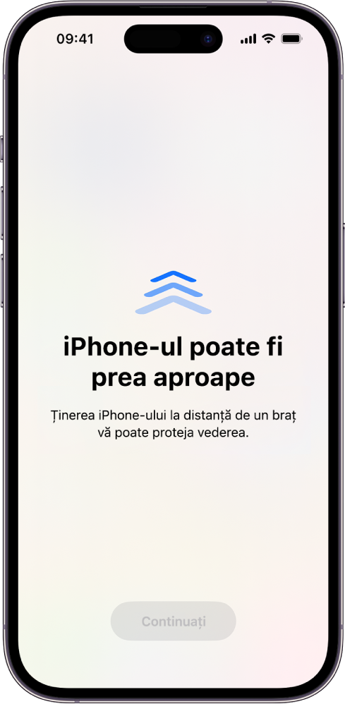 Un ecran cu avertismentul că țineți iPhone‑ul prea aproape și că ar trebui să îl îndepărtați pentru a vă proteja sănătatea vederii. Avertismentul acoperă ecranul, împiedicându‑vă să continuați. Există un buton Continuați, care devine activ după ce ați mutat iPhone‑ul la distanța recomandată.