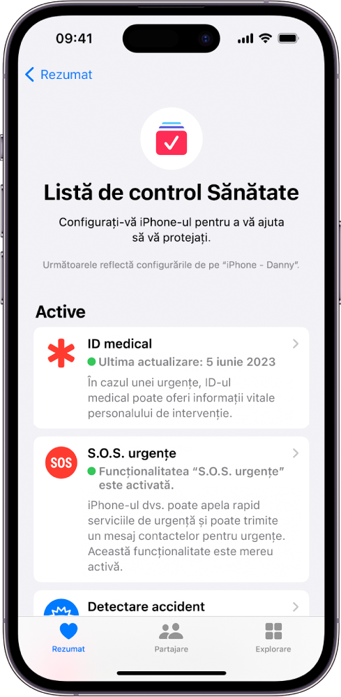 Ecranul Listă de control Sănătate indicând că funcționalitățile ID medical, S.O.S. urgențe și notificările Detectare accident sunt activate.