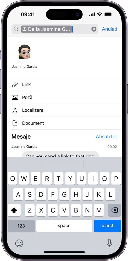 Câmpul de căutare în aplicația Mesaje. Câmpul de căutare conține un tag care limitează căutarea la mesajele de la o anumită persoană. Alte taguri care pot fi adăugate la câmpul de căutare (Link, Poză, Localizare și Document) apar ca opțiuni.