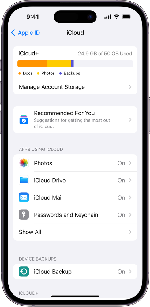 Zaslon z nastavitvami storitve iCloud, na katerem sta prikazana merilnik shrambe iCloud Storage ter seznam aplikacij in funkcij, kot sta Photos, iCloud Drive in iCloud Mail ki jih lahko uporabljate s storitvijo iCloud.