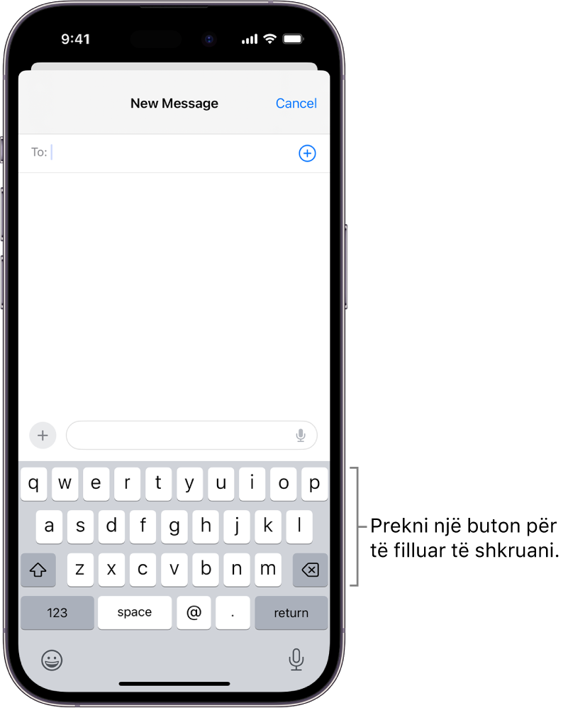 Një email bosh është hapur në aplikacionin Mail. Tastiera në ekran është në gjysmën e poshtme të ekranit.