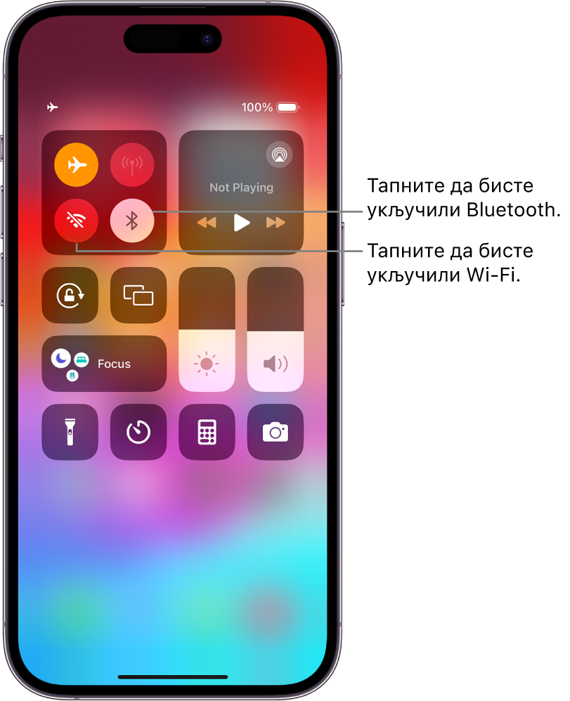 Control Center са укљученим режимом рада у авиону, при чему се види да су Wi-Fi и Bluetooth искључени. Дугмад за укључивање Wi-Fi и Bluetooth везе су близу горњег левог угла екрана Control Center.