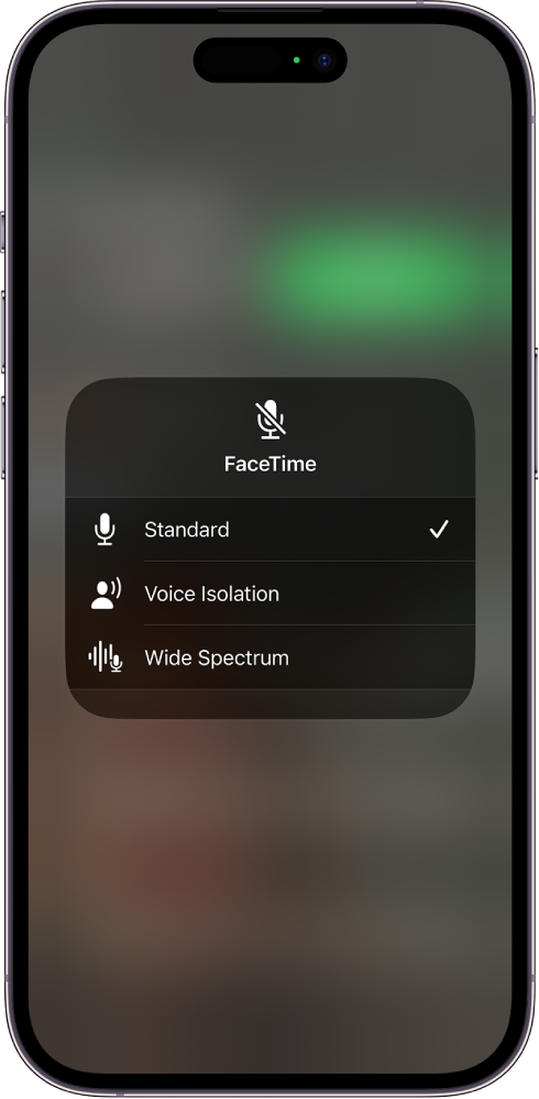 Подешавања за Control Center Mic Mode за FaceTime позиве, у којима су приказана подешавања звука Standard, Voice Isolation и Wide Spectrum.