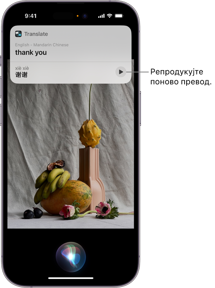iPhone екран на чијем дну је индикатор да вас Siri слуша, док је на врху одговор од Siri у виду превода [са енглеског на мандарински].