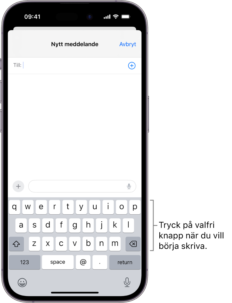 Ett tomt mejl är öppet i Mail-appen. Skärmtangentbordet finns i den nedre halvan av skärmen.