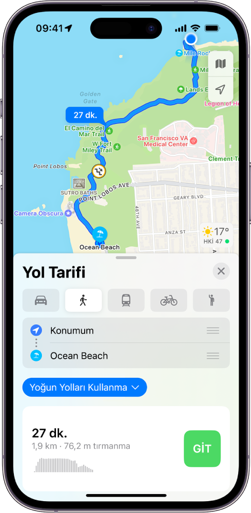 Bir yürüme güzergâhını gösteren bir harita. En alttaki güzergâh kartı; tahmini yolculuk süresi ve yükseklik değişiklikleri dahil olmak üzere güzergâh için ayrıntılar sunuyor. Ayrıntıların sağında bir Git düğmesi görünür.
