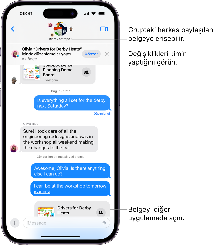 Mesajlar’da, ortak çalışma davetinin ve yazışma penceresinin en üstünde güncellemelerin bulunduğu bir grup yazışması.