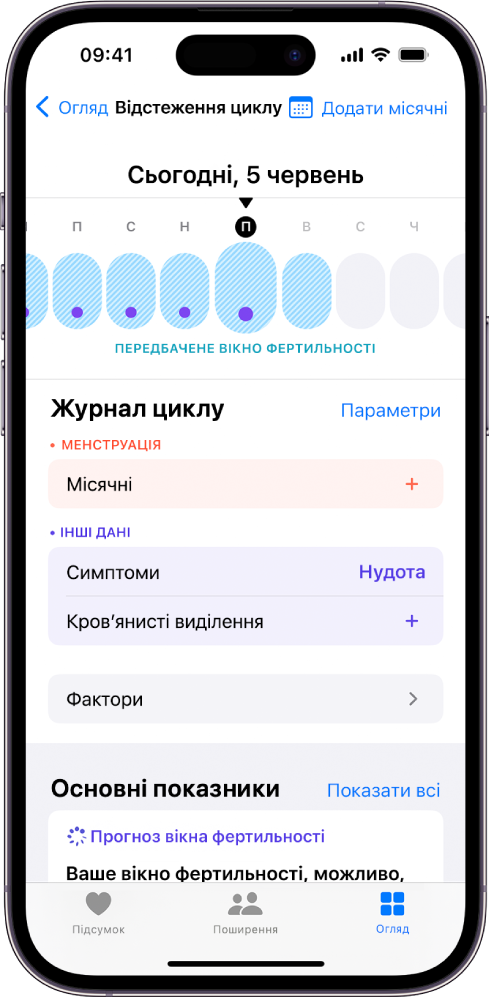 Екран «Відстеження циклу», у верхній частині якого на часовій шкалі показано приблизне вікно фертильності. Під часовою шкалою наведено опції для додавання інформації про місячні, симптоми тощо.