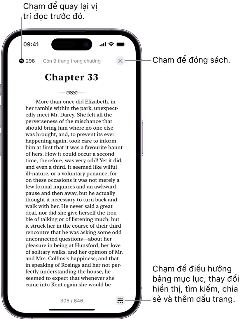 Một trang sách trong ứng dụng Sách. Ở đầu màn hình là các nút để quay lại trang mà bạn đã bắt đầu đọc và để đóng sách. Ở dưới cùng bên phải của màn hình là nút Menu.