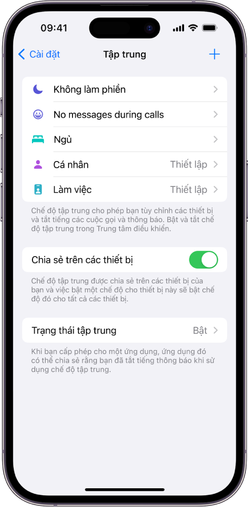 Một màn hình đang hiển thị năm tùy chọn chế độ tập trung được cung cấp – Không làm phiền, Không nhận tin nhắn trong cuộc gọi, Ngủ, Cá nhân, và Làm việc. Tùy chọn Chia sẻ trên các thiết bị được bật, cho phép sử dụng cùng các cài đặt chế độ tập trung trên các thiết bị Apple của bạn.