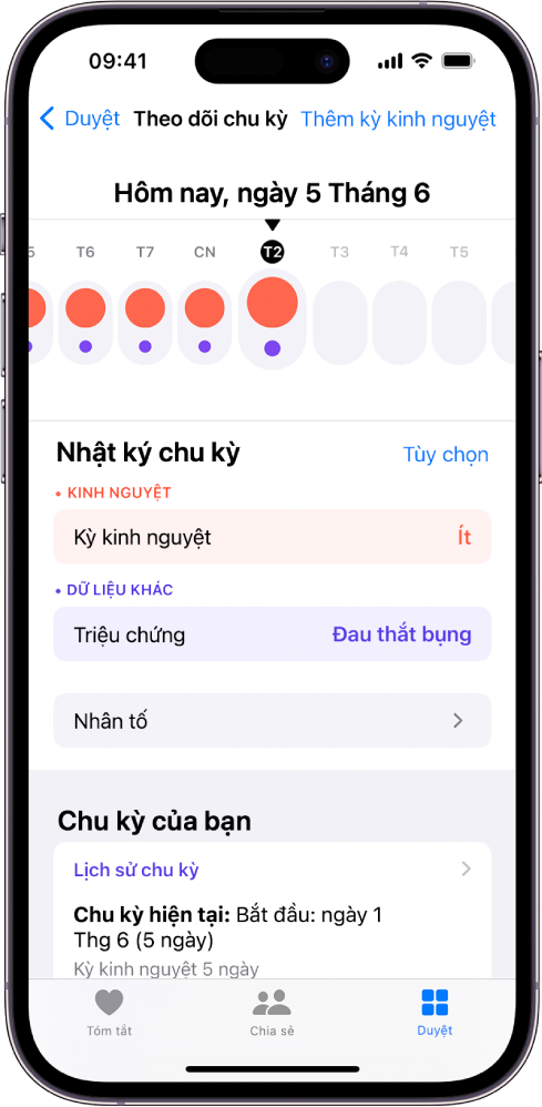 Màn hình Theo dõi chu kỳ đang hiển thị dòng thời gian cho một tuần ở đầu màn hình. Các hình tròn màu đỏ đồng nhất và các dấu chấm màu tía đánh đấu 5 ngày đầu tiên trên dòng thời gian. Bên dưới dòng thời gian là các tùy chọn để thêm thông tin về kỳ kinh nguyệt, triệu chứng, v.v.