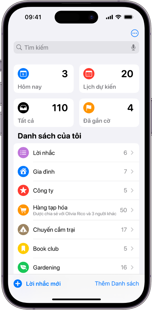 Một màn hình đang hiển thị một số danh sách trong Lời nhắc. Trường tìm kiếm xuất hiện ở trên cùng, phía trên các danh sách thông minh cho các mục đến hạn hôm nay, lời nhắc theo lịch, tất cả lời nhắc và lời nhắc được gắn cờ. Nút Thêm danh sách ở dưới cùng bên phải.