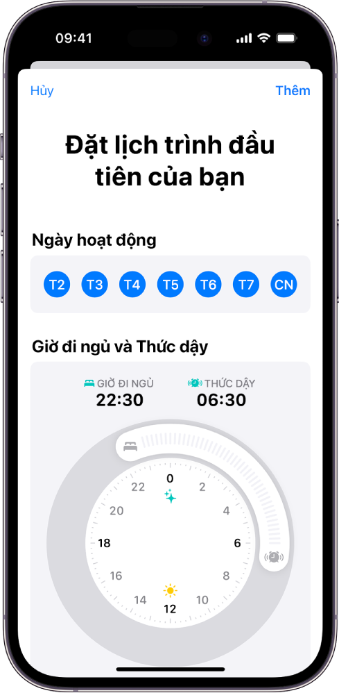 Màn hình Đặt lịch trình đầu tiên của bạn trong Sức khỏe với phần Ngày hoạt động và đồng hồ Giờ đi ngủ và Thức dậy.
