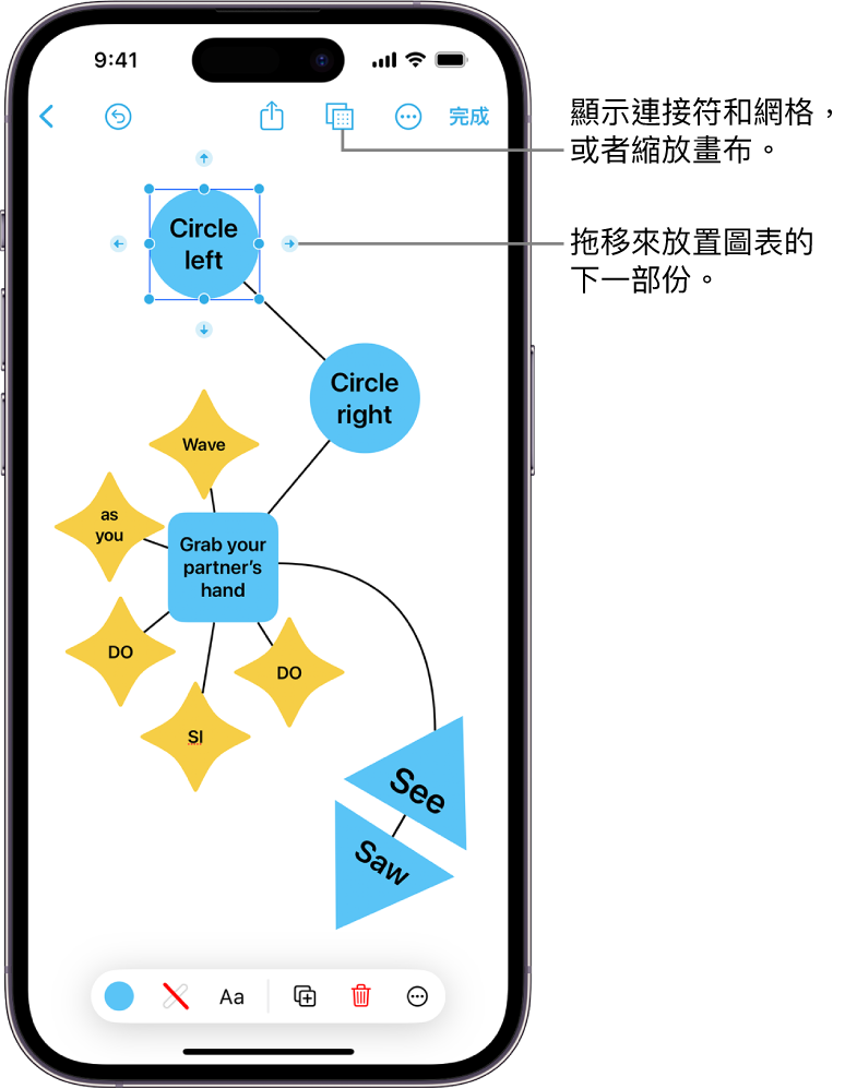 Freeform 記事板上於選定形狀上顯示帶有連接符的圖解，形狀格式工具在螢幕最下方顯示。