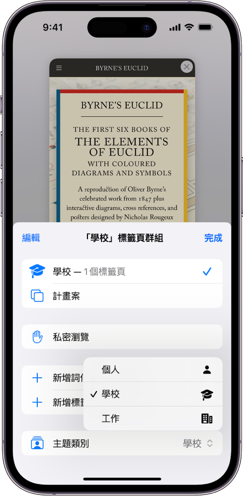 iPhone 畫面顯示一個「標籤頁群組」，已打開「標籤頁群組」選單。在選單底部，已選取「主題類別」，選單顯示「個人」、「學校」和「工作」主題類別。目前已選取「學校」主題類別。