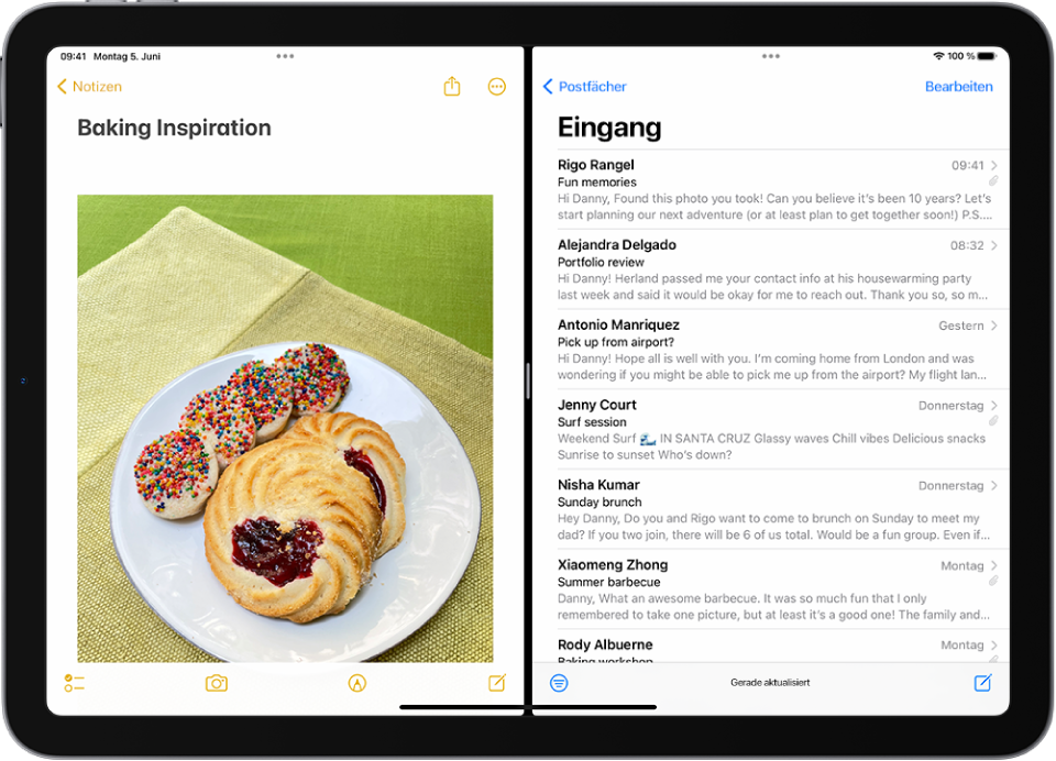 Auf der linken Seite des Bildschirms ist die App „Notizen“ geöffnet. Auf der rechten Seite ist die App „Mail“ geöffnet. Zwischen den Apps ist eine anpassbare Trennlinie zu sehen, die zum Skalieren der Bildschirmaufteilung verwendet wird.