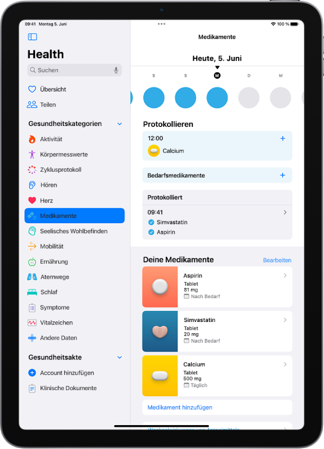 Der Bildschirm „Medikamente“ in der App „Health“ mit dem Datum und einem Protokoll für die Medikamenteneinnahme.