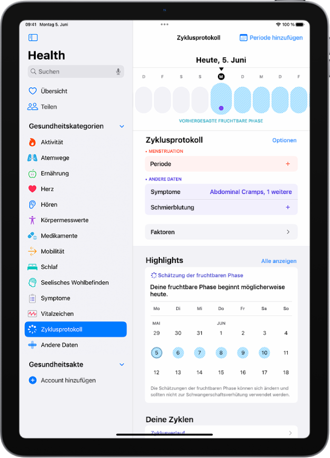 Der Bildschirm „Zyklusprotokoll“. Im oberen Bereich befindet sich eine Zeitleiste mit einer voraussichtlichen Fruchtbarkeitsphase.