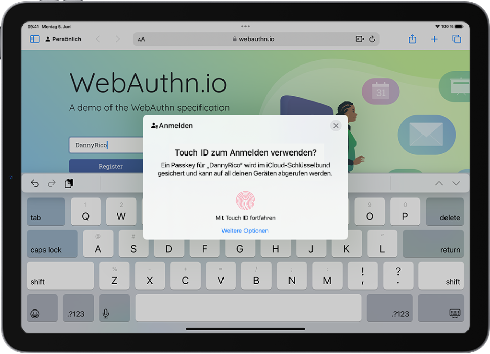 In Safari ist eine Website geöffnet. Ein Anmeldedialogfenster enthält Optionen für die Anmeldung bei der Website mit einem Passkey und zum Verwenden anderer Optionen.