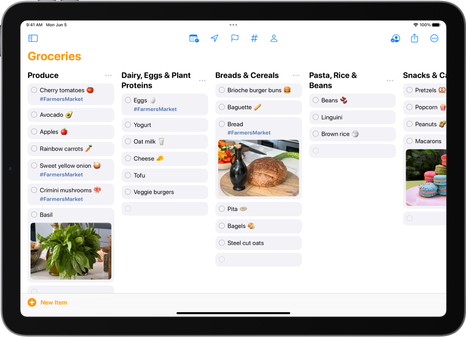 A grocery list in Reminders, with the categories organized in columns. The New Item button is at the bottom left.