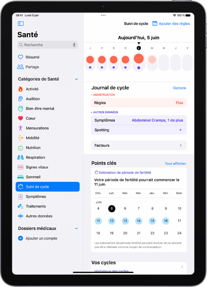 L’écran « Suivi de cycle » montrant la chronologie d’une semaine en haut de l’écran. Des cercles rouges pleins et des points violets marquent les cinq premiers jours sur la chronologie. Sous la chronologie se trouvent des options pour ajouter des informations sur les règles, les symptômes, et plus encore.