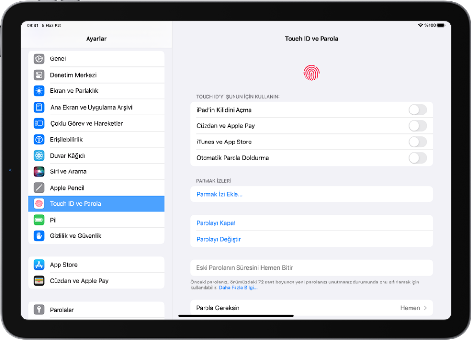 Ayarlar kenar çubuğu ekranın sol tarafında ve Touch ID ve Parola seçili. Ekranın sağ tarafında, hangi özelliklerin kilidinin Touch ID kullanılarak açılabileceğini seçme seçenekleri var. iPad’in Kilidini Açma, Cüzdan ve Apple Pay, iTunes ve App Store ve Otomatik Parola Doldurma seçeneklerinin hepsi kapalı.