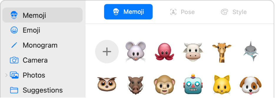 Volby obrázku pro účet Apple s memoji vybraným na bočním panelu a různými zobrazenými memoji