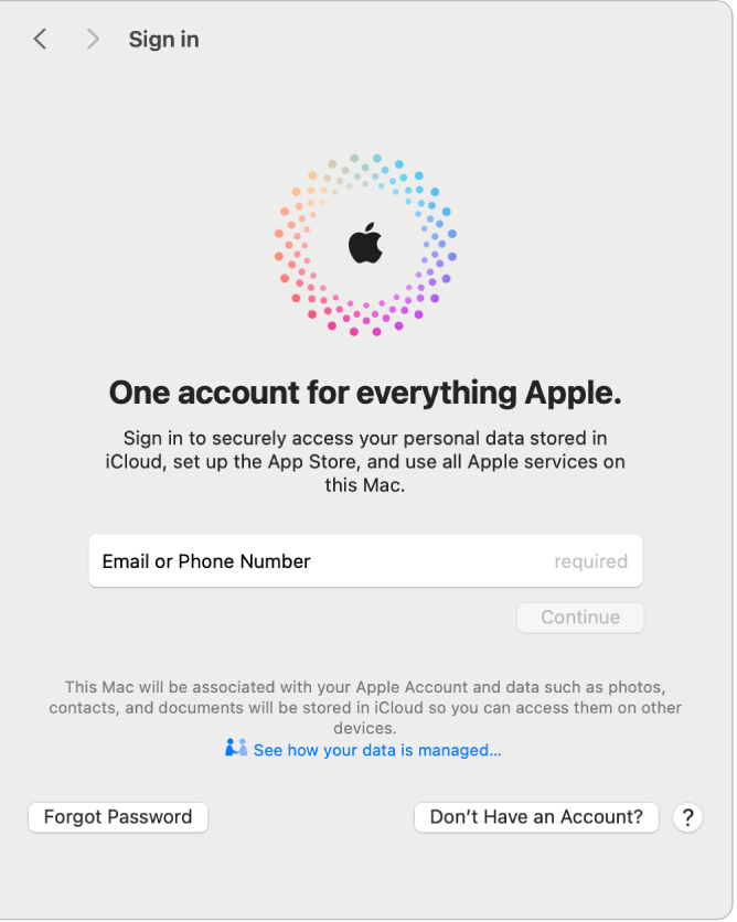 Apple Account-Anmeldefenster mit einem Textfeld zur Eingabe einer E-Mail-Adresse oder Telefonnummer.