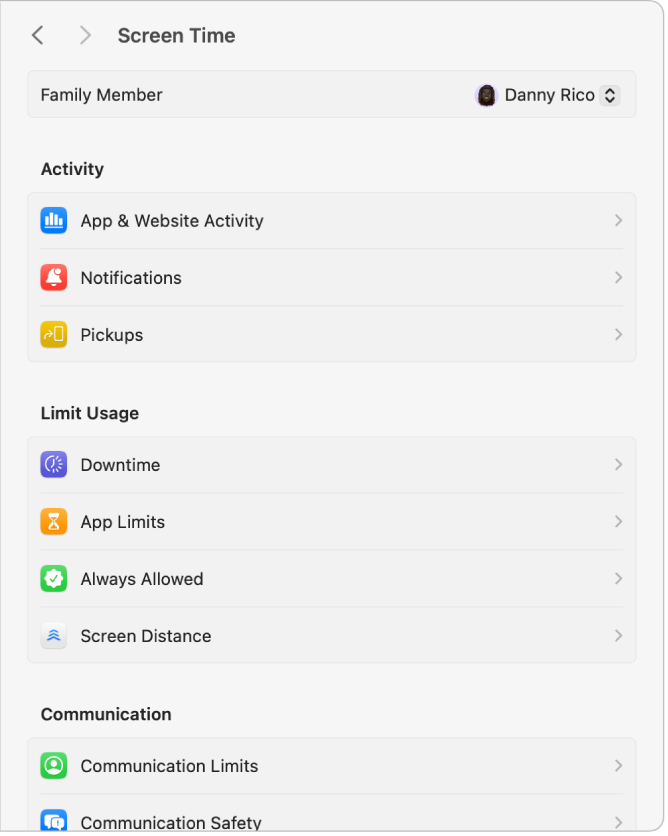 Screen Time settings with an adult chosen from the Family Member pop-up menu.