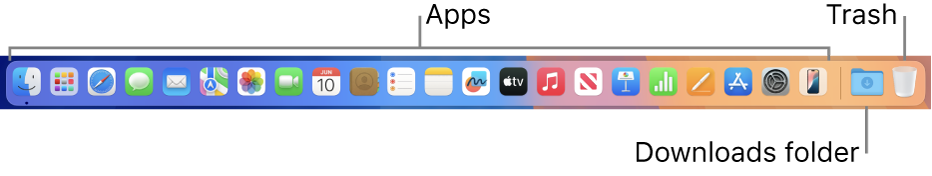 The Dock showing icons for apps, the Downloads stack, and the Trash.