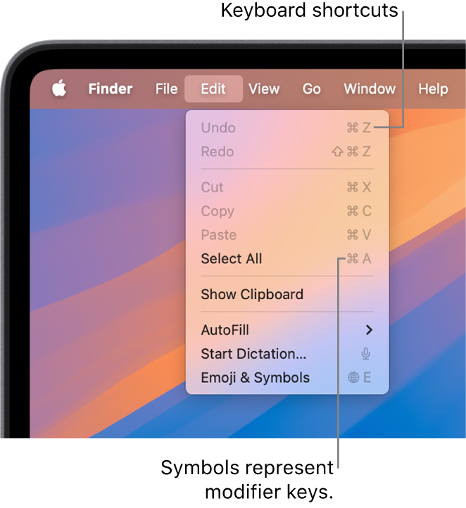 The Edit menu is open in the Finder; keyboard shortcuts appear next to menu items.