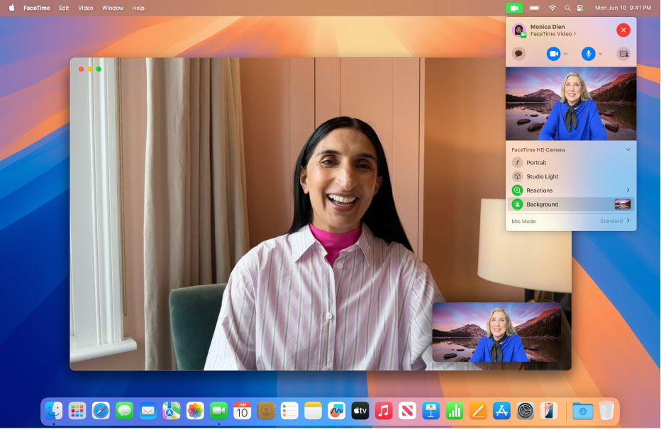 El escritorio de una Mac mostrando una llamada de FaceTime donde una persona modificó su fondo para mostrar una foto de un paisaje.