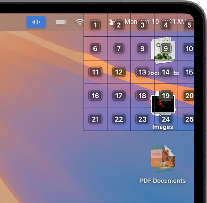Se muestra una cuadrícula en la esquina superior derecha de la pantalla, donde se encuentran dos pilas del escritorio. La cuadrícula tiene cinco columnas y cinco filas; cada celda está numerada del 1 al 25.