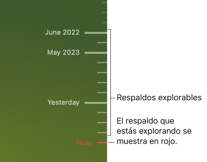 Marcas de verificación en la línea del tiempo de los respaldos. La marca rojo indica el respaldo que estás explorando.